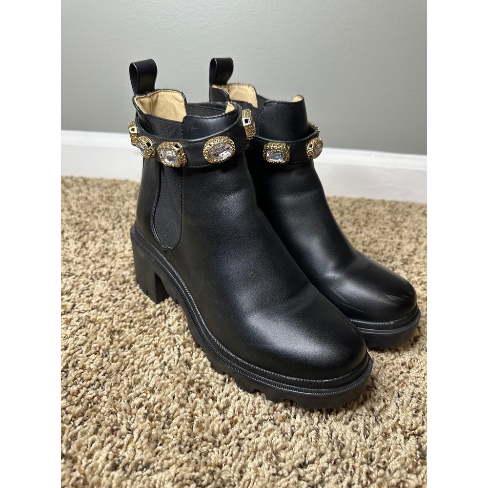 Steve Madden Amulet Black Rhinestone Lug Sole Chelsea Boots  women 7M